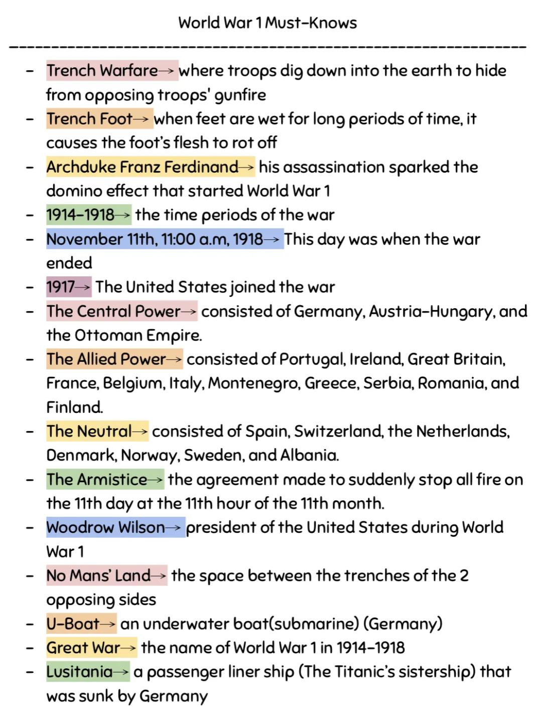 World War 1 Must Knows