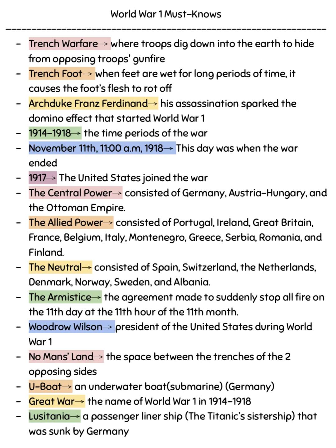 -
World War 1 Must-knows
Trench Warfare→→ where troops dig down into the earth to hide
from opposing troops' gunfire
Trench Foot→ when feet 
