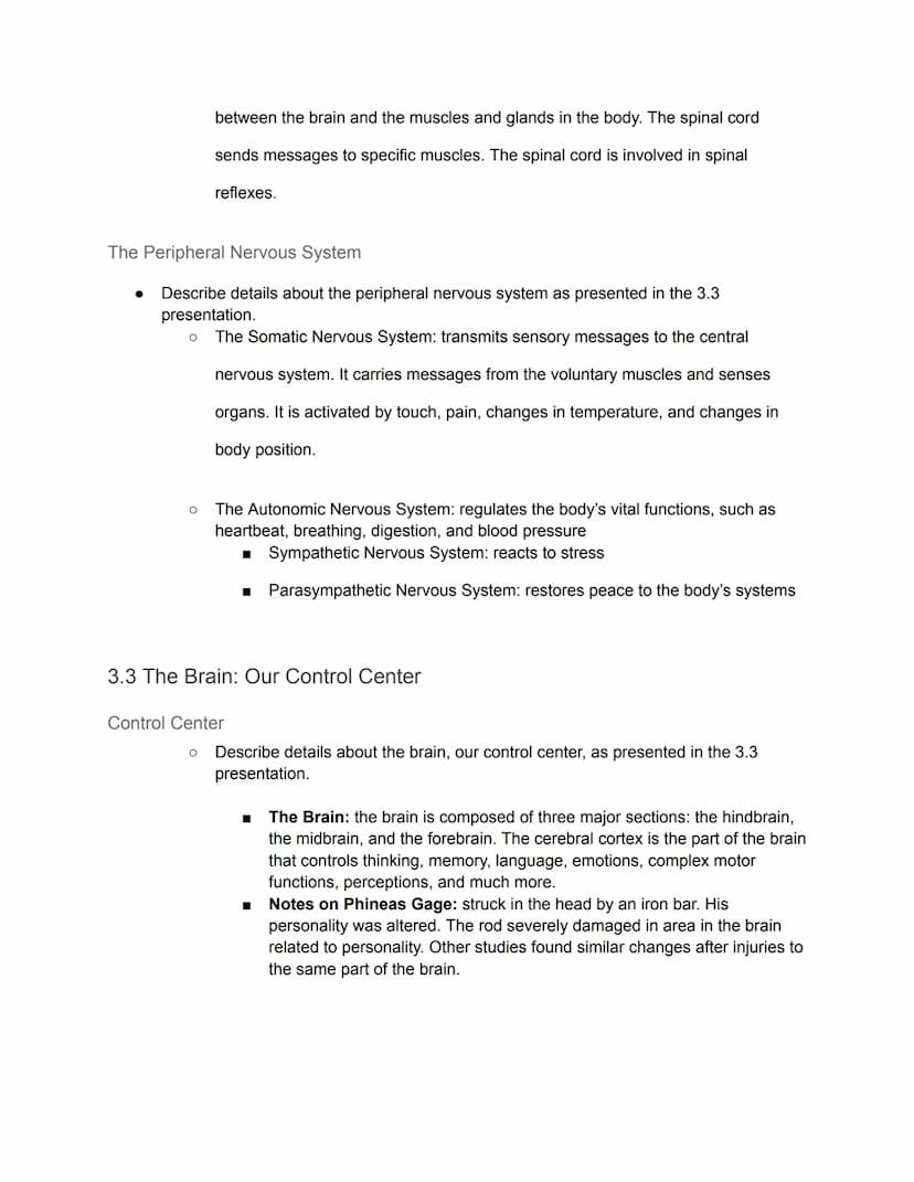 Unit 3: Biology and Behavior - Guided Notes
3.1 The Nervous System
Nervous System
● Describe details about the nervous system as presented i