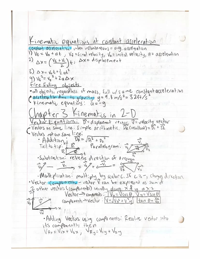 Unit | Kinematis Study Guide
Chapter 2: Kinematics in I-D
Vecton-quantity w/ both magnitude & direction.
Scalar- quantity w/ only magnitude 
