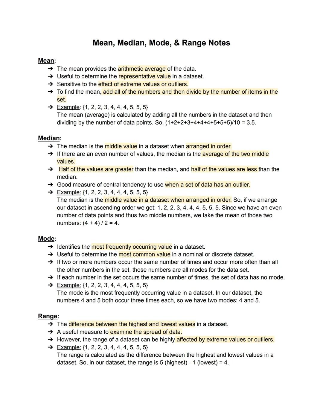 Measures of central tendency (mean, median, mode)