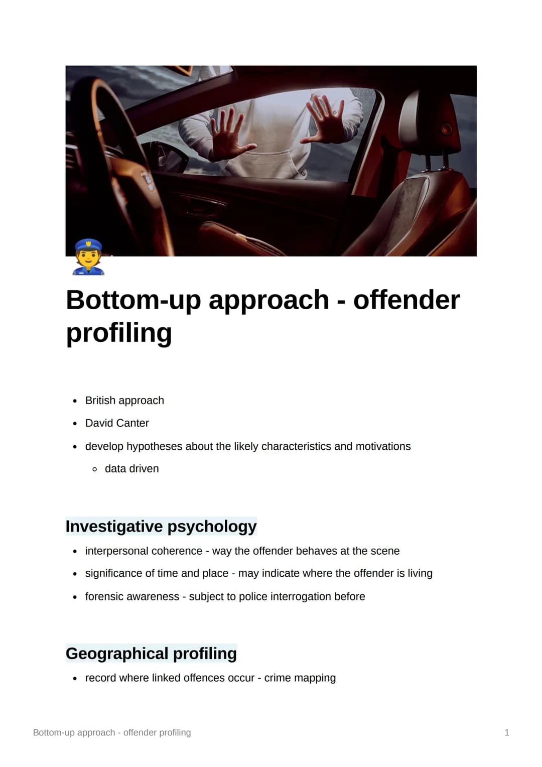 Bottom-up approach - offender
profiling
• British approach
• David Canter
develop hypotheses about the likely characteristics and motivation