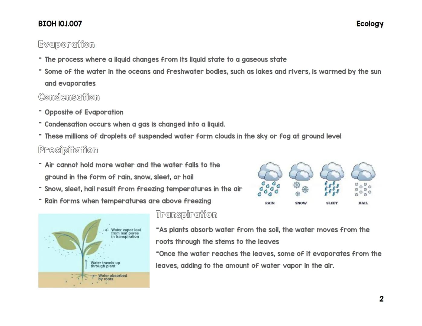 BIOH 10.1.007
Carbon & water Cycle
Transpiration
Percolation
The Hydrologic Cycle (Water Cycle)
Condensation
Precipitation
Lake
Snowmealt
Ev