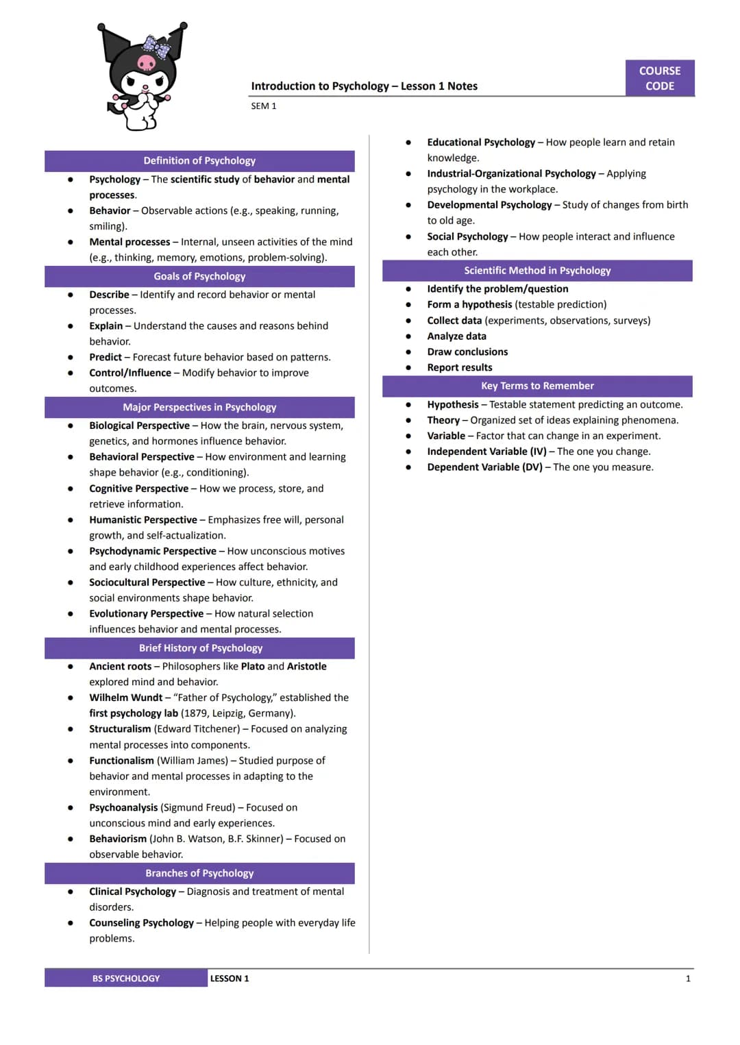 Introduction to Psychology - Lesson 1 Notes
SEM 1
COURSE
CODE
Definition of Psychology
Psychology - The scientific study of behavior and men
