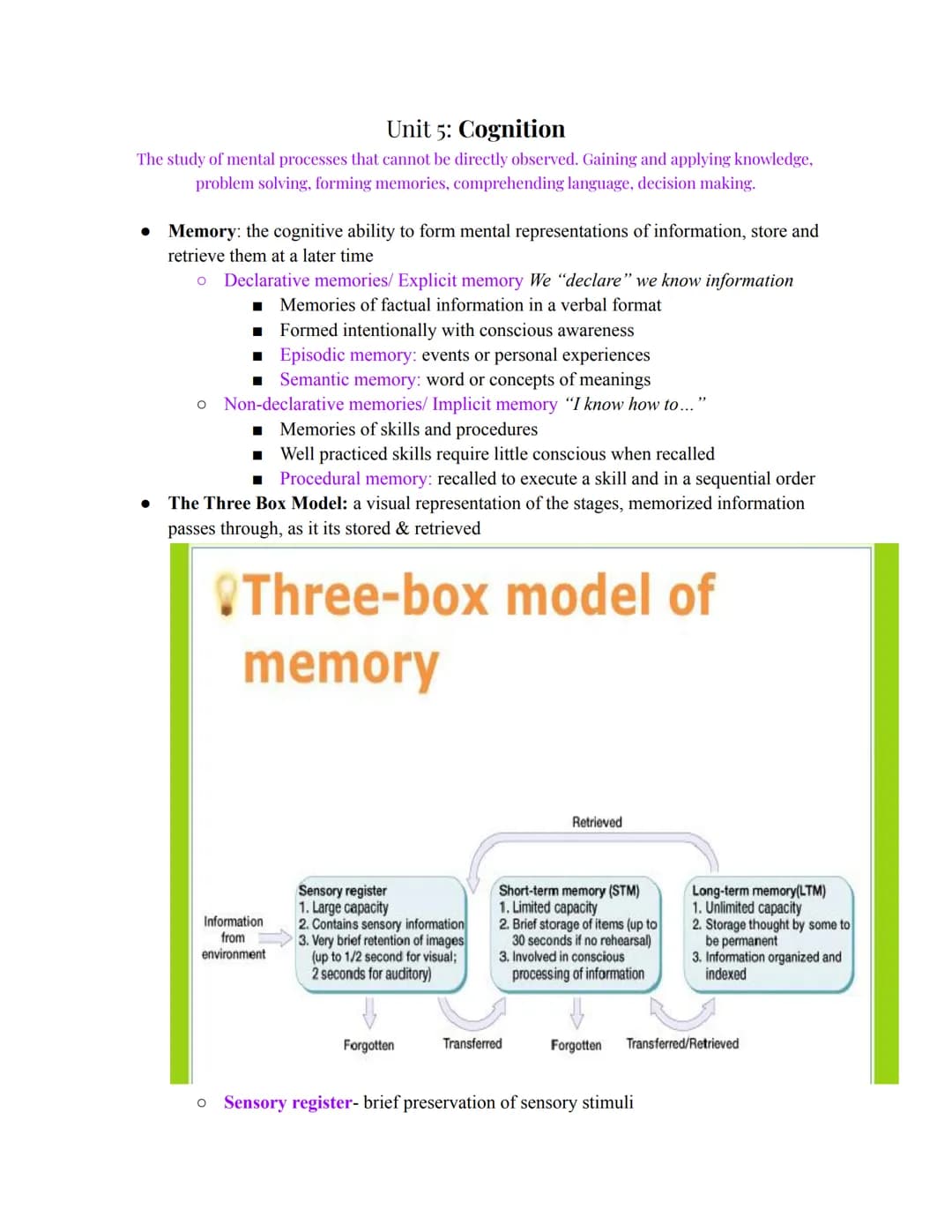 Unit 5: Cognition
The study of mental processes that cannot be directly observed. Gaining and applying knowledge,
problem solving, forming m