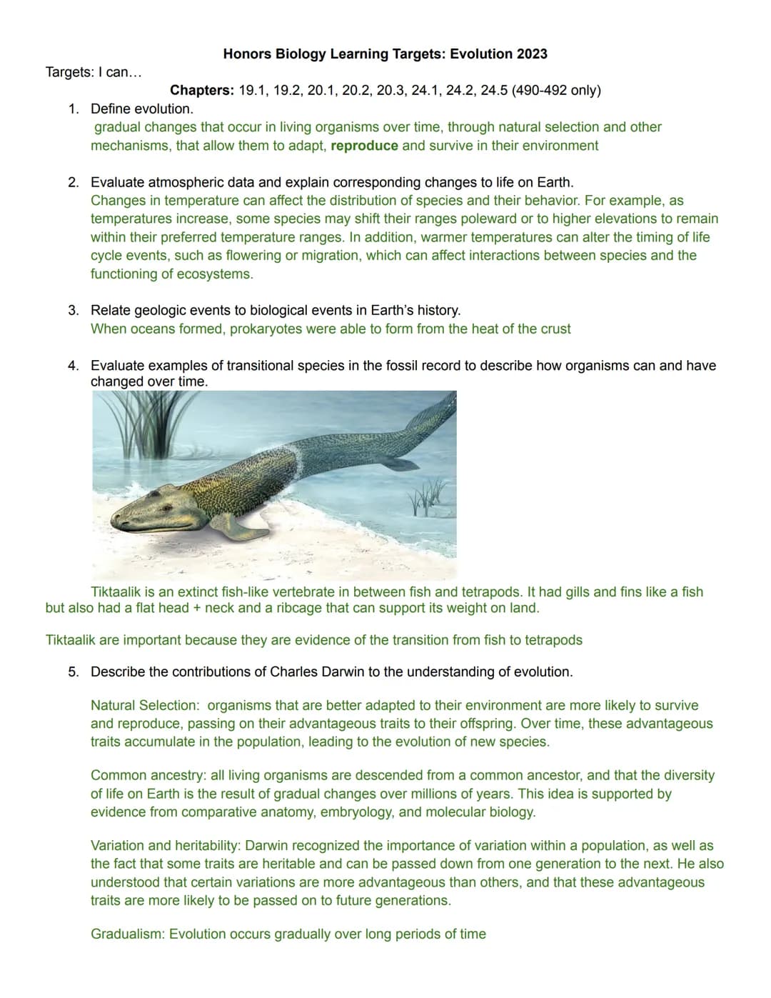Honors Biology Learning Targets: Evolution 2023
Chapters: 19.1, 19.2, 20.1, 20.2, 20.3, 24.1, 24.2, 24.5 (490-492 only)
1. Define evolution.