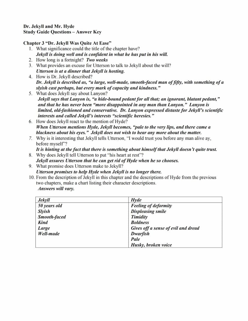Dr. Jekyll and Mr. Hyde
Study Guide Questions - Answer Key
Chapter 1 "Story of the Door"
1. Who is Mr. Utterson?
The main protagonist, a law