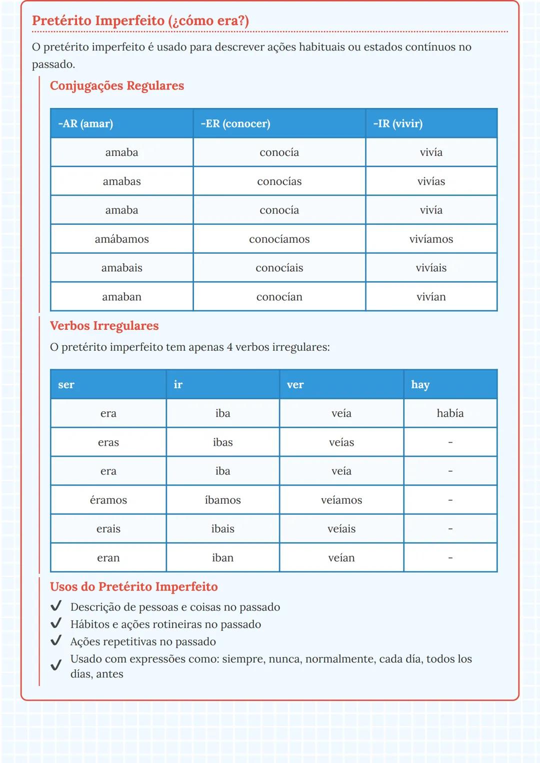 # Pretérito Indefinido e Pretérito Imperfeito em
Espanhol

Pretérito Indefinido (¿qué pasó?, ¿qué hiciste?)

O pretérito indefinido é usado 