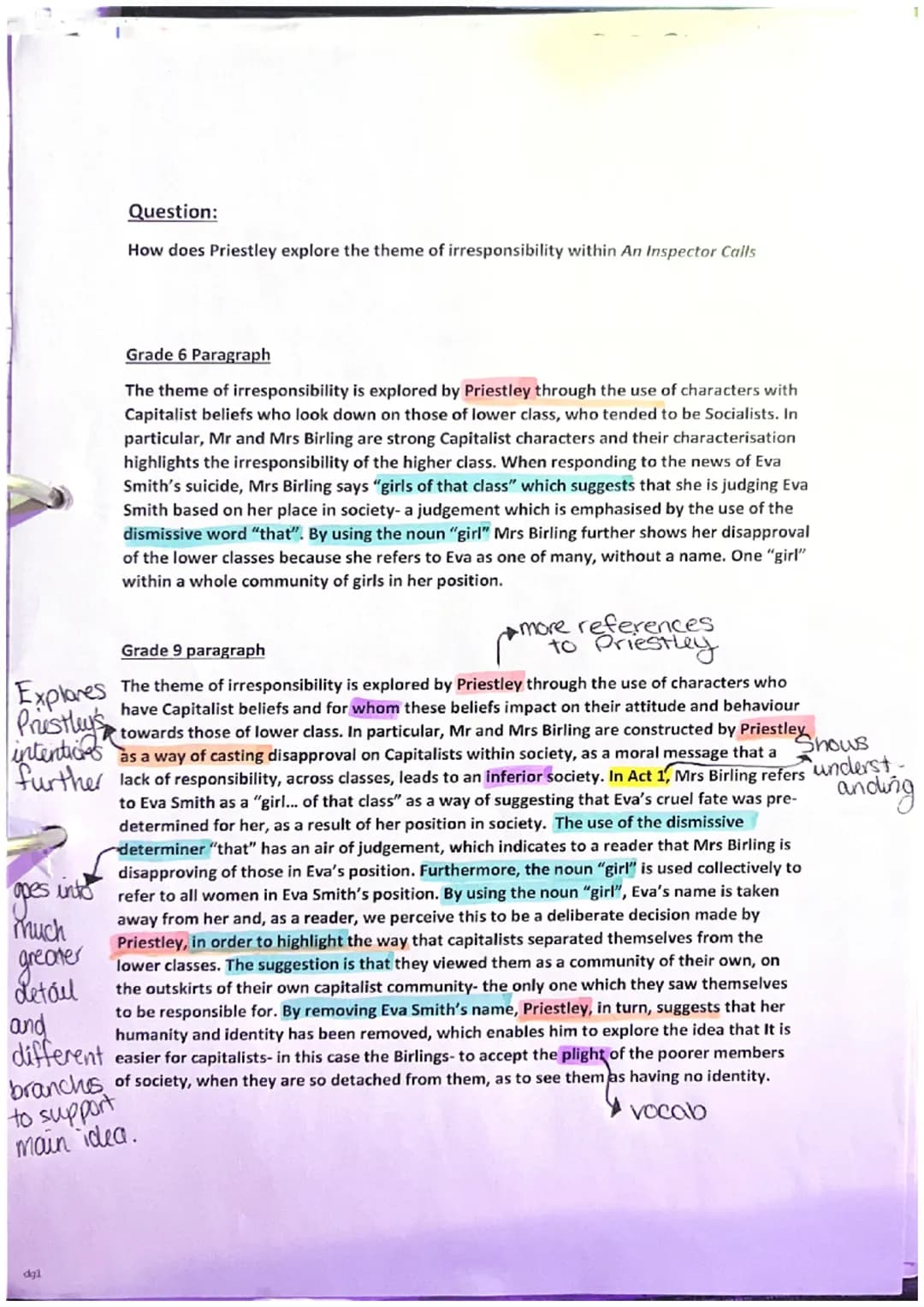 b
ofe
dgl
Responsibility Thesis
In An Inspector Calls, Priestley constructs characters who oppose each other-
in terms of their attitudes to