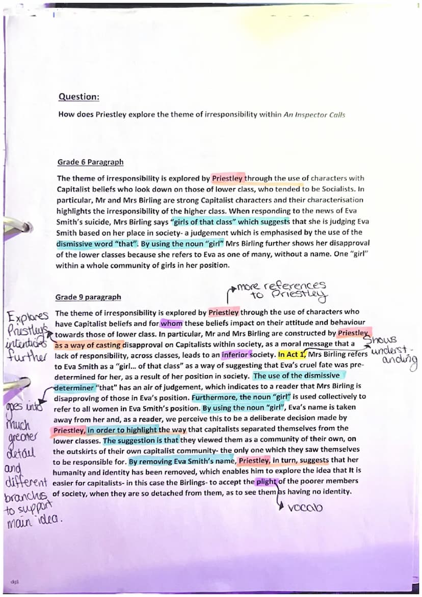 b
ofe
dgl
Responsibility Thesis
In An Inspector Calls, Priestley constructs characters who oppose each other-
in terms of their attitudes to