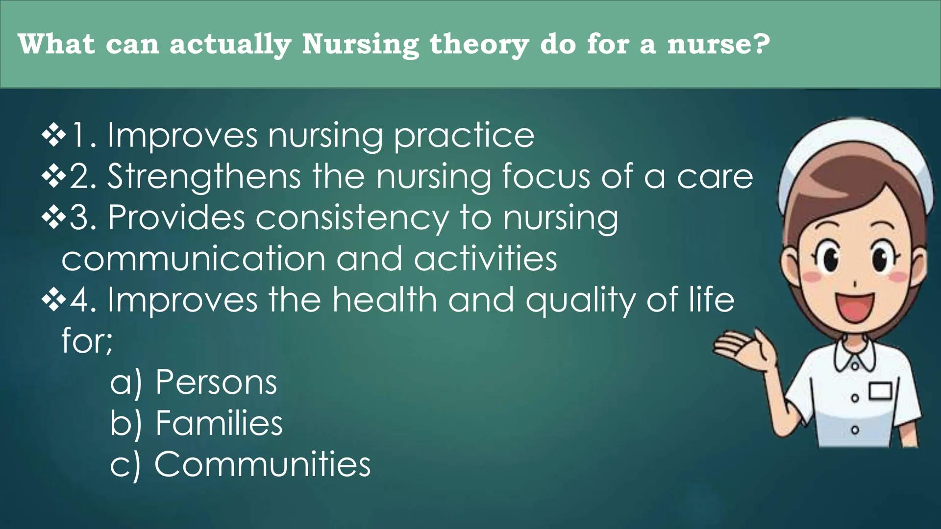 # INTRODUCTION TO
# NURSING THEORY

* NURSING THEORIES ARE ORGANIZED BODIES
OF KNOWLEDGE TO DEFINE WHAT NURSING IS,
WHAT NURSES DO, AND WHY 
