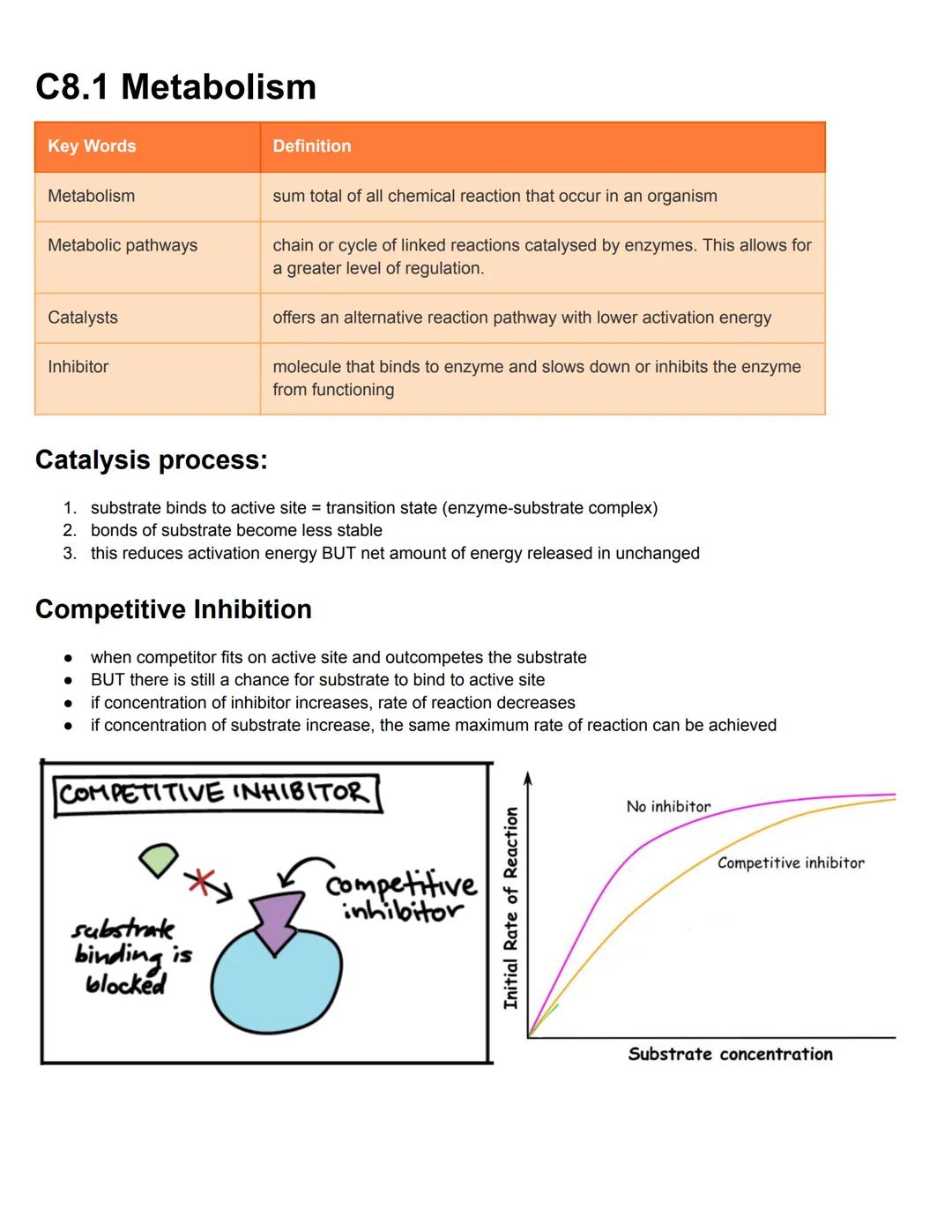 C8.1 Metabolism
Key Words
Metabolism
Metabolic pathways
Catalysts
Inhibitor
●
●
Definition
sum total of all chemical reaction that occur in 