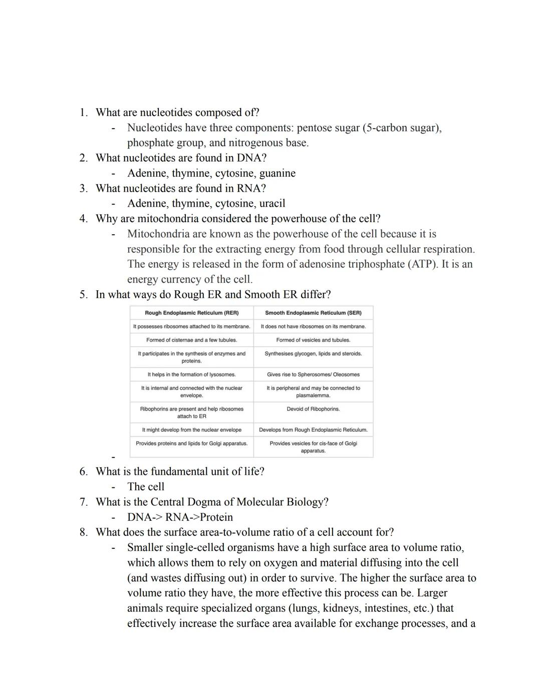 1. What are nucleotides composed of?
Nucleotides have three components: pentose sugar (5-carbon sugar),
phosphate group, and nitrogenous bas