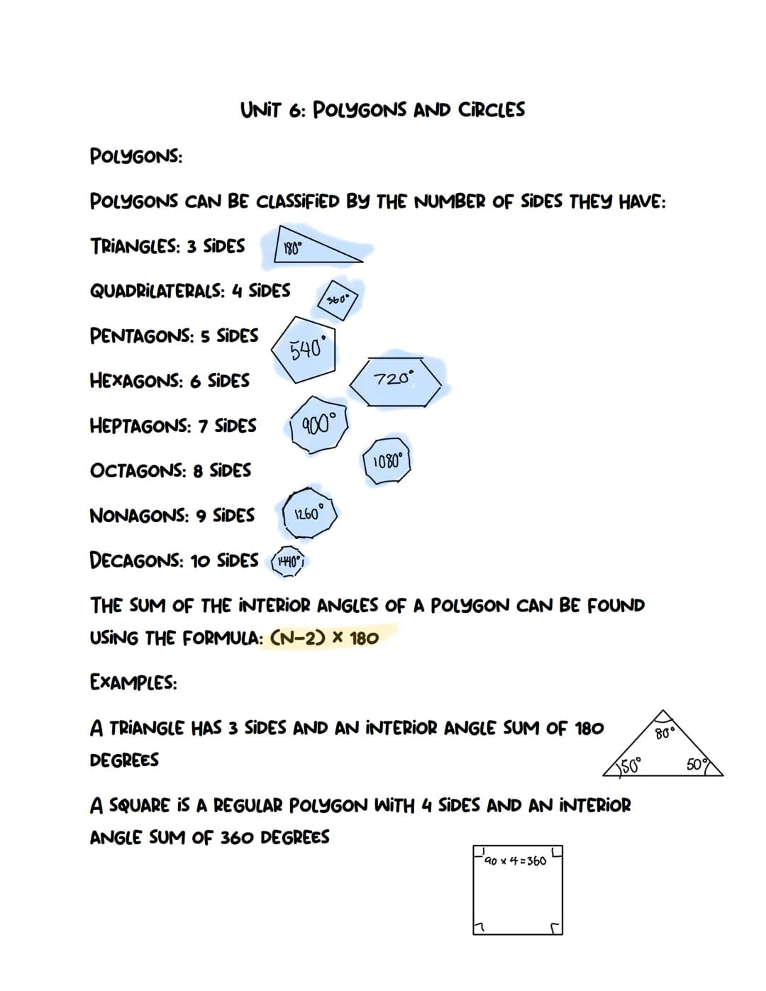UNIT 6: POLYGONS AND CIRCLES
POLYGONS:
POLYGONS CAN BE CLASSIFIED BY THE NUMBER OF SIDES THEY HAVE:
TRIANGLES: 3 SIDES 180°
QUADRILATERALS: 