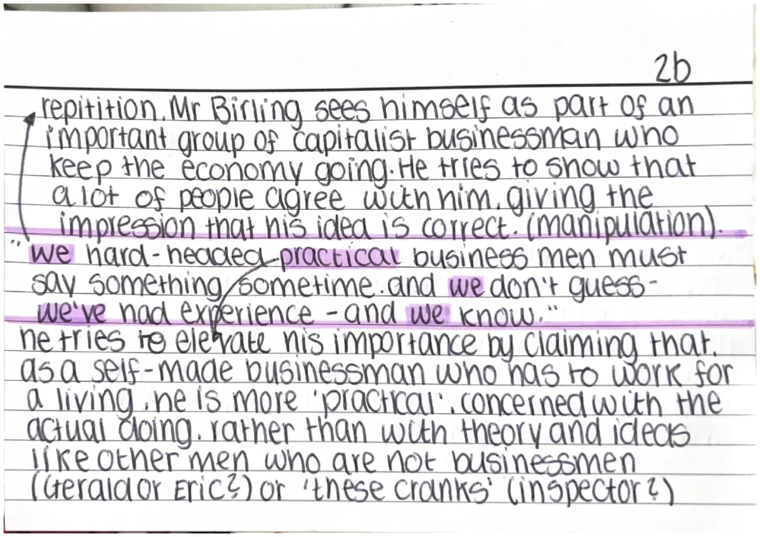 2a
Mr Birling-
portentous: serious / self important / proud
at one end: shows hierarchy: his seat at the top
of the table represents his pos