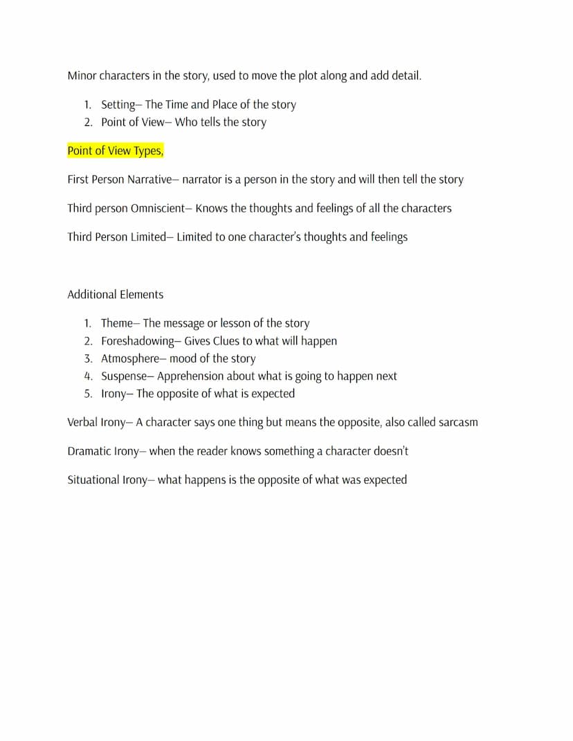 Elements of a Story
1. Plot - Sequence of events
Six stages of Plot Development
Exposition - introduction of characters, setting, and backgr