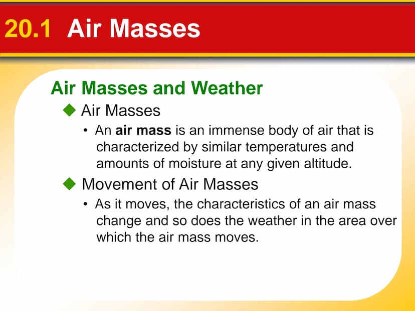 Chapter Weather Patterns
and Severe Storms
20 20.1 Air Masses
Air Masses and Weather
Air Masses
An air mass is an immense body of air that i
