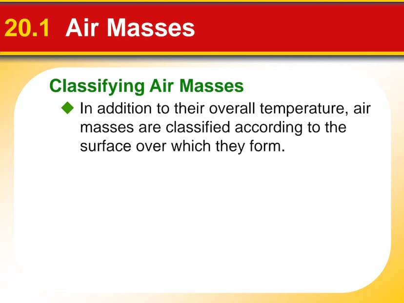 Chapter Weather Patterns
and Severe Storms
20 20.1 Air Masses
Air Masses and Weather
Air Masses
An air mass is an immense body of air that i
