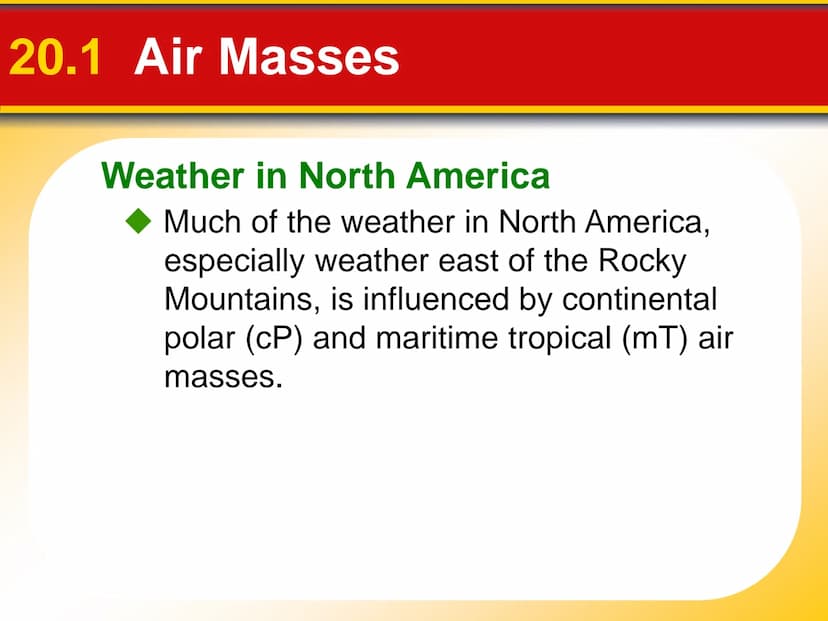Chapter Weather Patterns
and Severe Storms
20 20.1 Air Masses
Air Masses and Weather
Air Masses
An air mass is an immense body of air that i