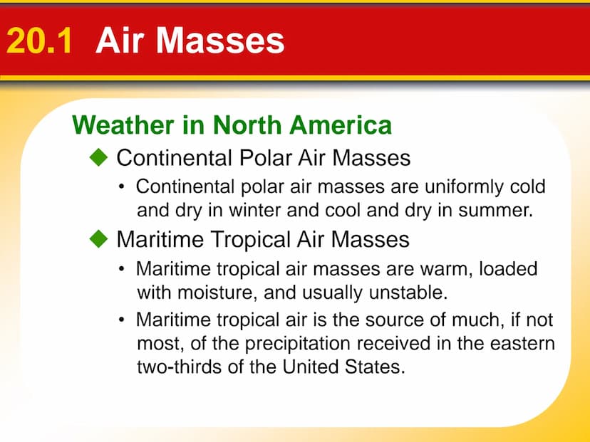 Chapter Weather Patterns
and Severe Storms
20 20.1 Air Masses
Air Masses and Weather
Air Masses
An air mass is an immense body of air that i