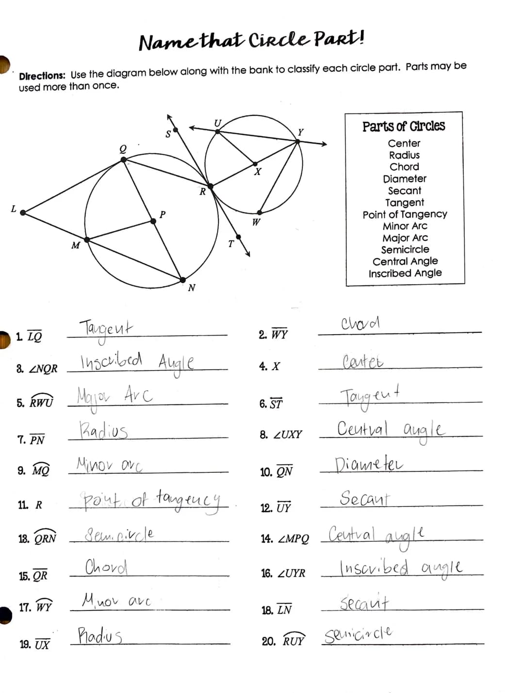Name that Circle Part!
Directions: Use the diagram below along with the bank to classify each circle part. Parts may be
used more than once.
