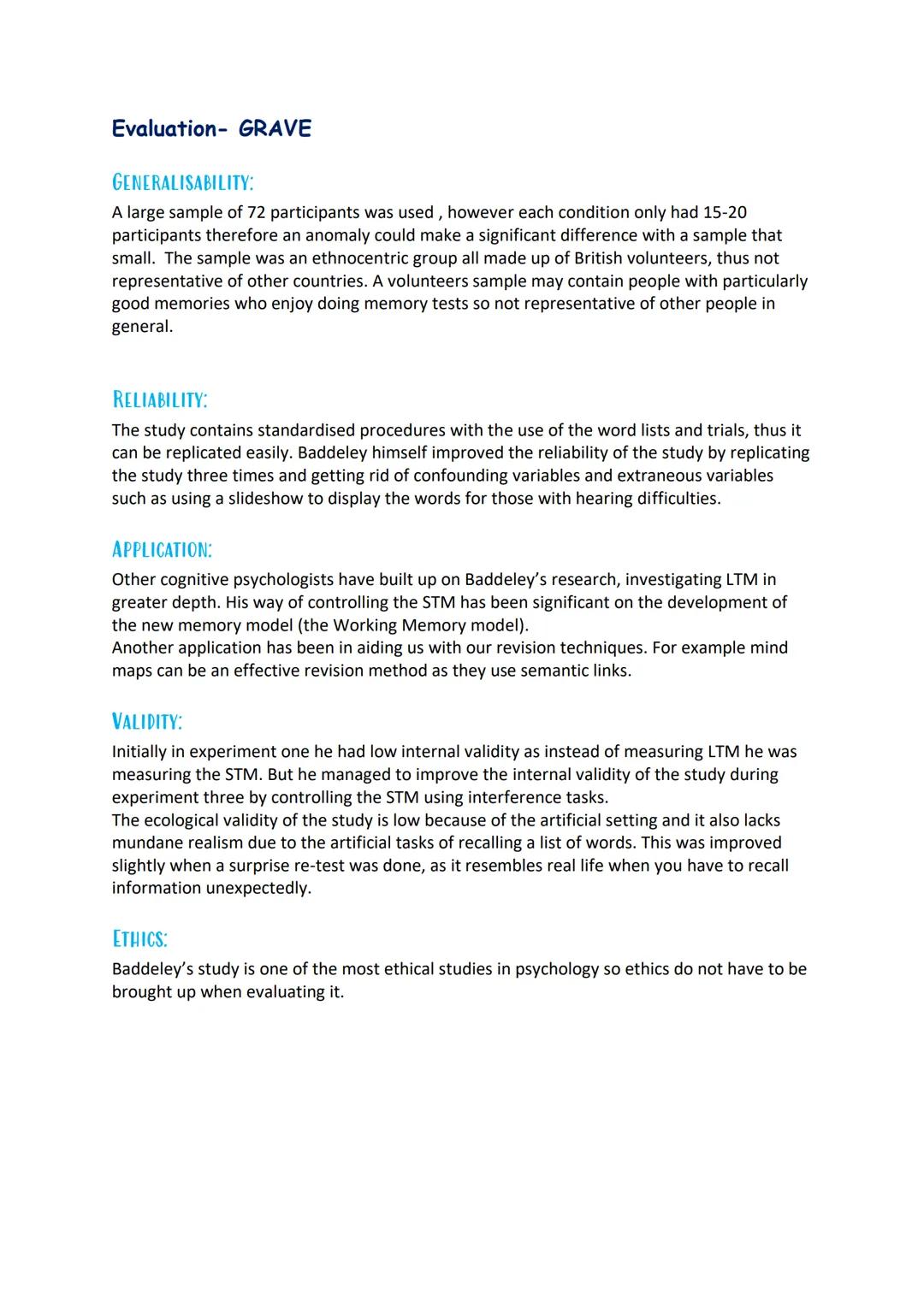 Classic Study (Cognitive)- Baddeley (1966b)
Baddeley wanted to study the semantic encoding in the LTM. He started off with two
previous expe