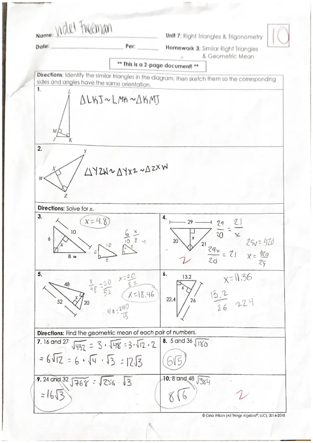 Unit 7: Right Triangles and Trigonometry Homework 3 Similar Rught Triangles & Geometric Mean