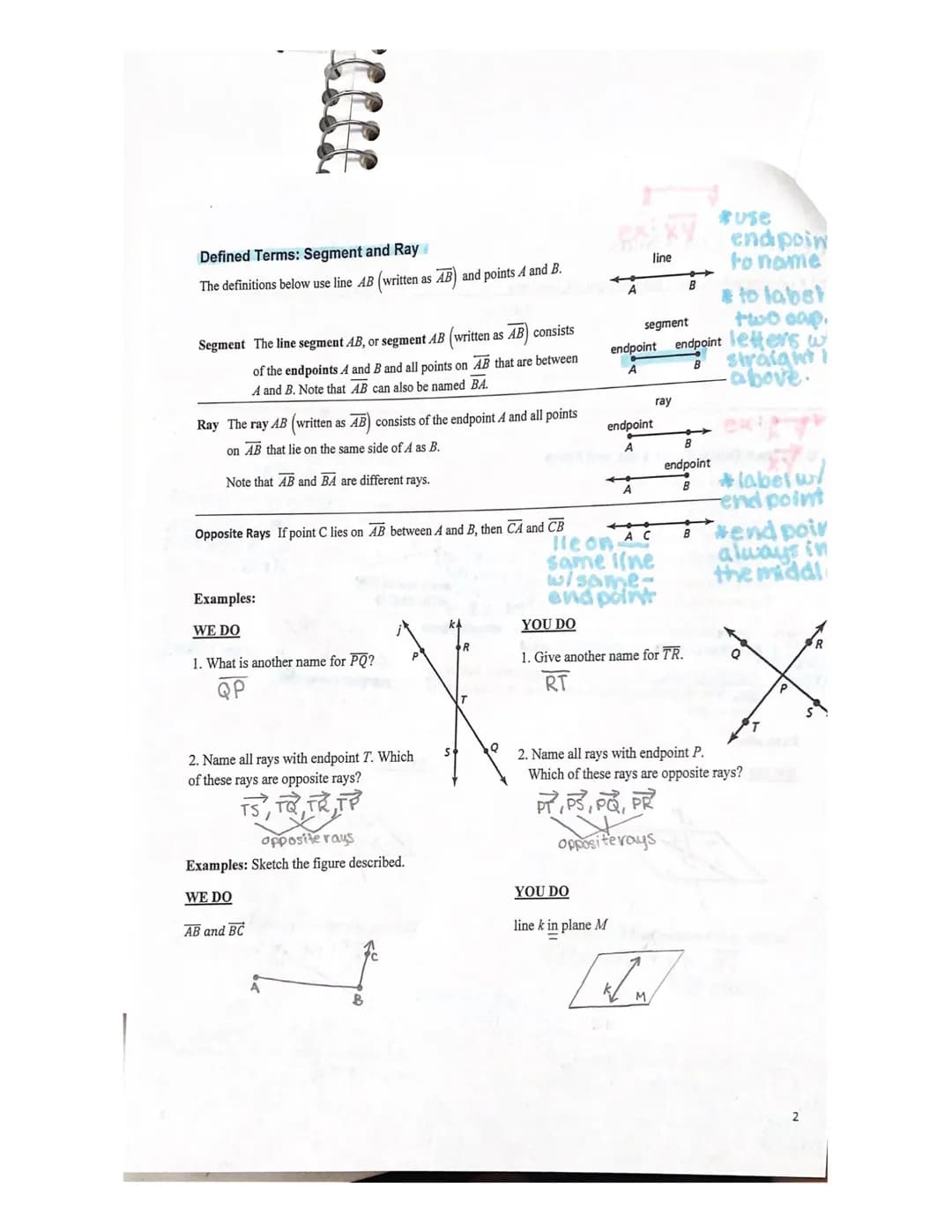 Geometry: 1.1-1.3 Notes
1.1 Exploring points, lines, planes, segment, and rays
Warm-up
Core Concepts
Undefined Terms: Point, Line, and Plane