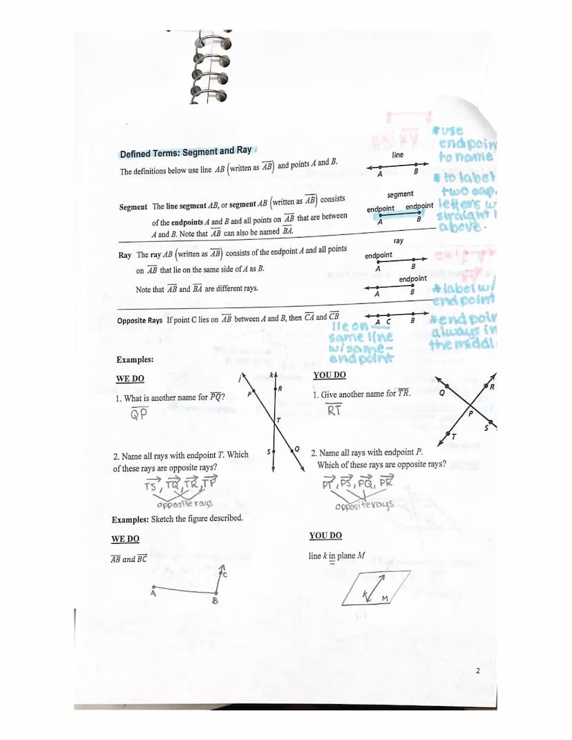Geometry: 1.1-1.3 Notes
1.1 Exploring points, lines, planes, segment, and rays
Warm-up
Core Concepts
Undefined Terms: Point, Line, and Plane