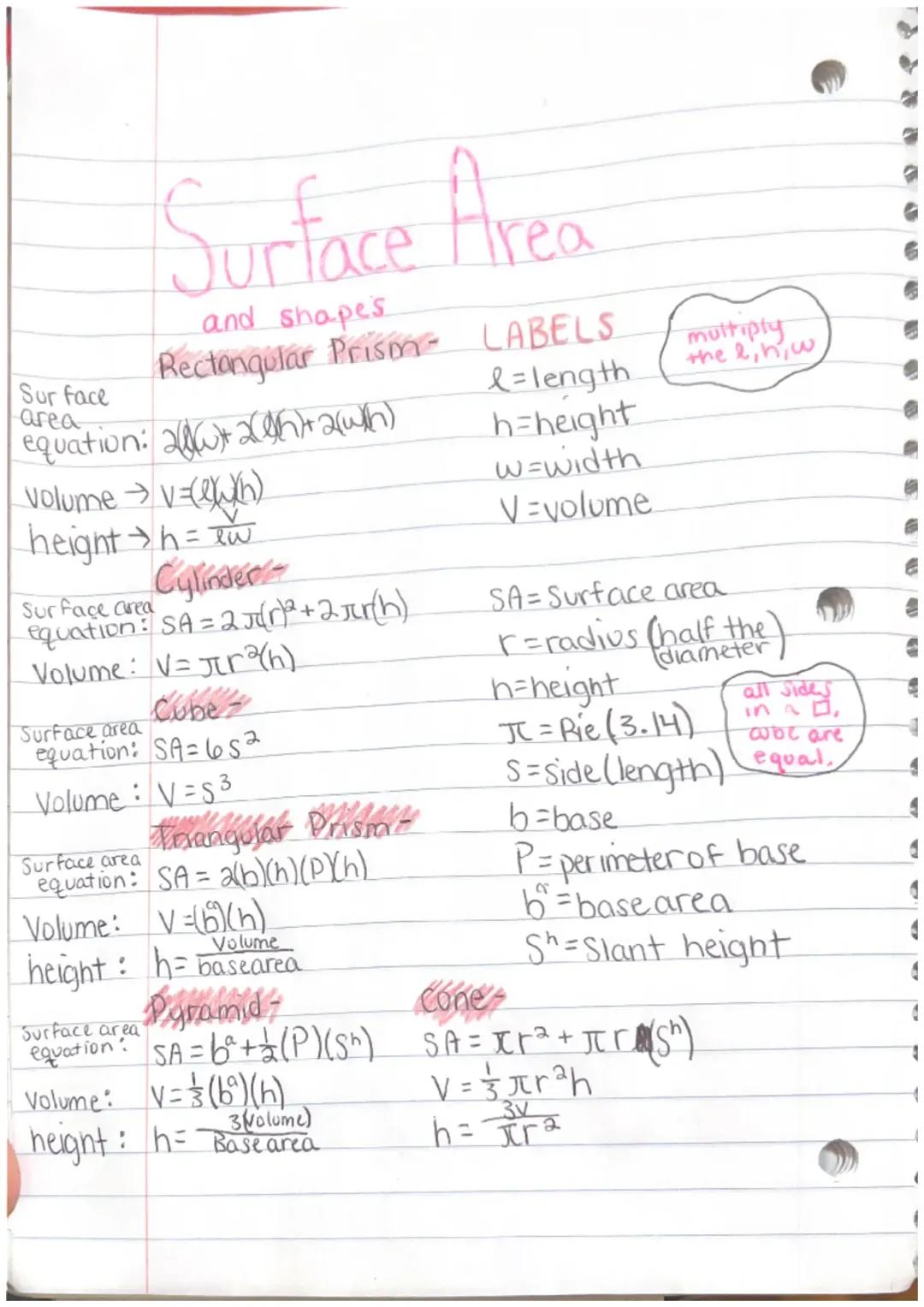 Equations for surface area, height, and volume for basic 3D shapes