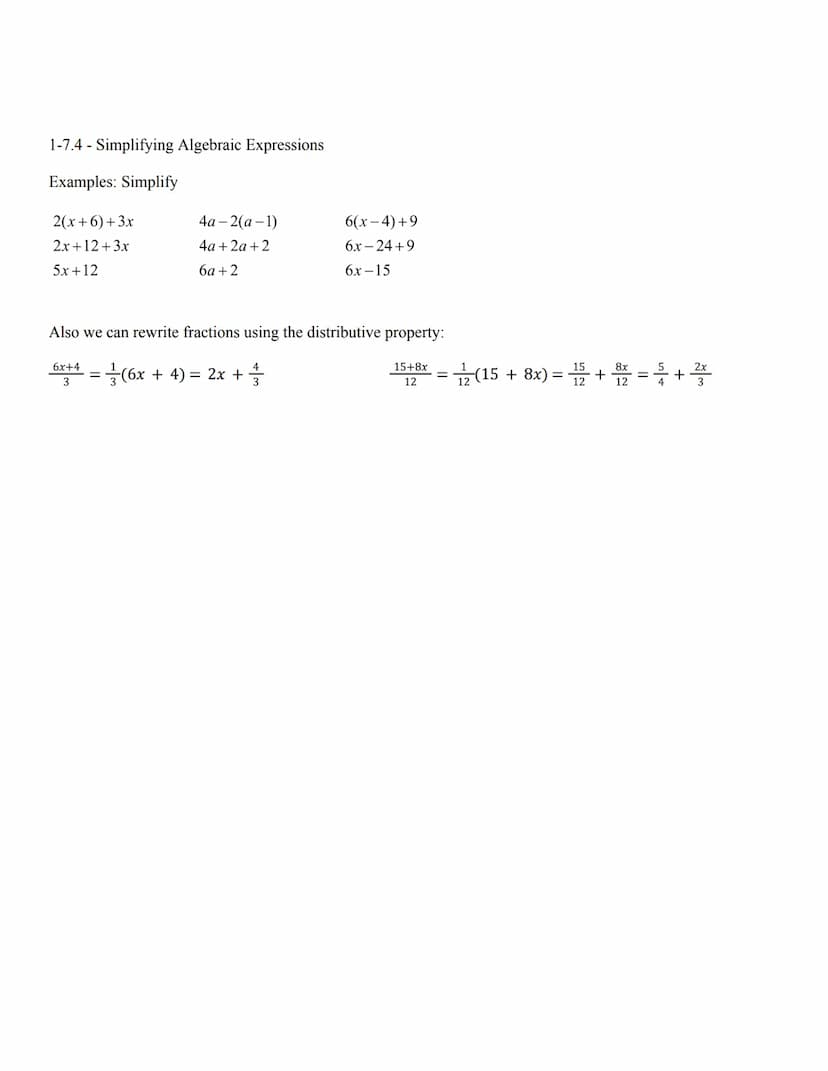 Notes for Lesson 1-7: Distributive Property
1-7.1 Using the distributive property
Words
Distributive Property - You can
multiply a number by