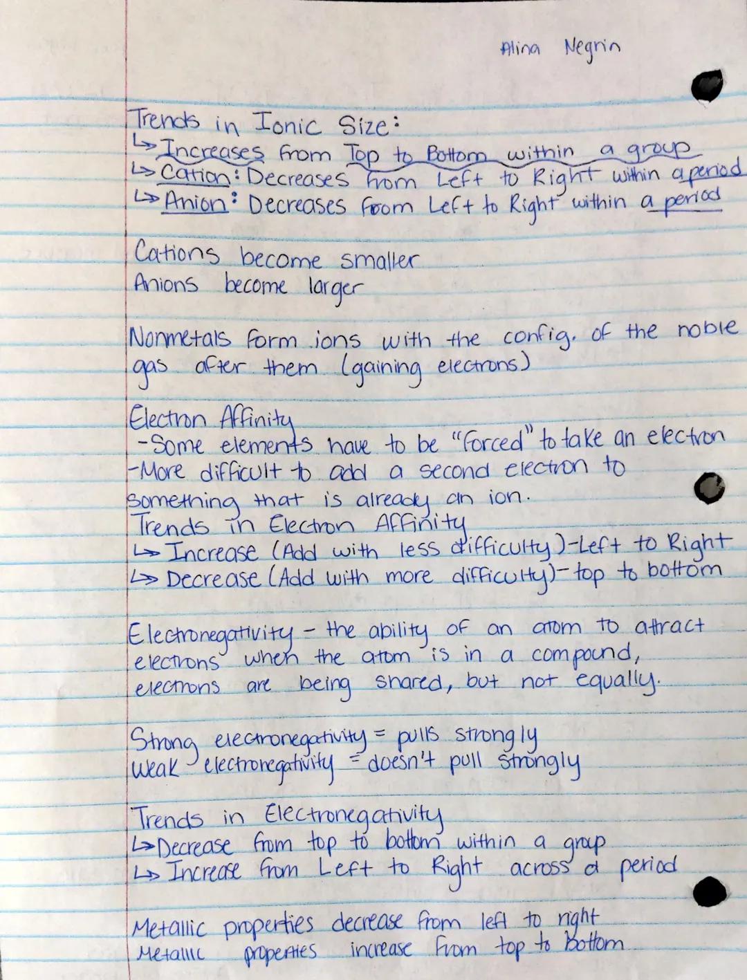 Octet Rule-tend to gain, lose or share to you
Fullset of 8 valence electrons

Periodic Trends Notes
Alina Negrin
12/1/21
Can't measure the d