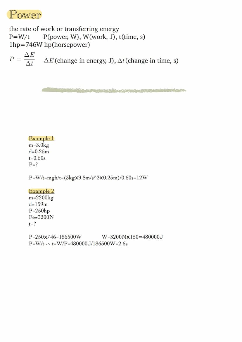 Work
is the change in energy.
I.
W=Fd W(work, J [Nm]), F(force, N), d(displacement, m)
Note: The force and distance must act in the same dir
