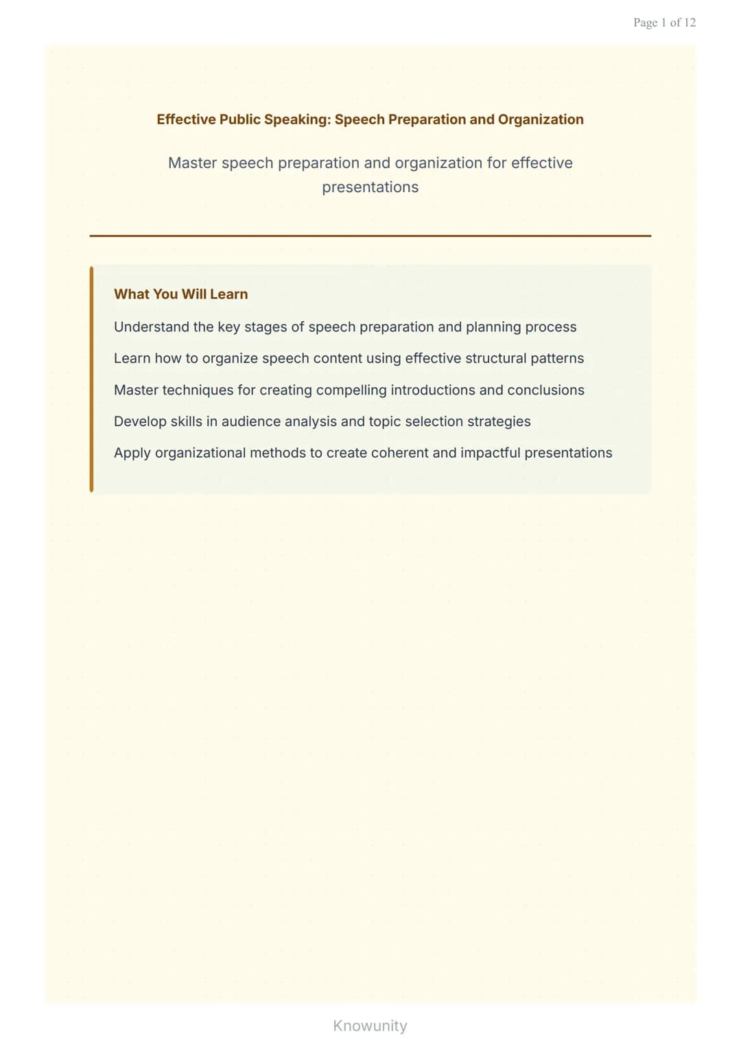 Effective Public Speaking: Speech Preparation and Organization
Master speech preparation and organization for effective
presentations
What Y