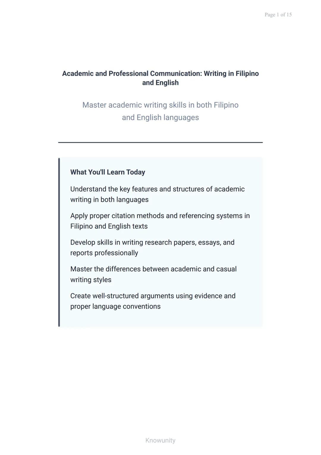 Academic and Professional Communication: Writing in Filipino
and English
Master academic writing skills in both Filipino
and English languag