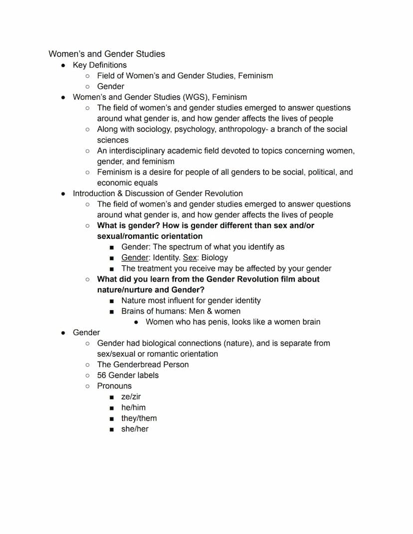 Women's and Gender Studies
• Key Definitions
● Women's and Gender Studies (WGS), Feminism
O The field of women's and gender studies emerged 