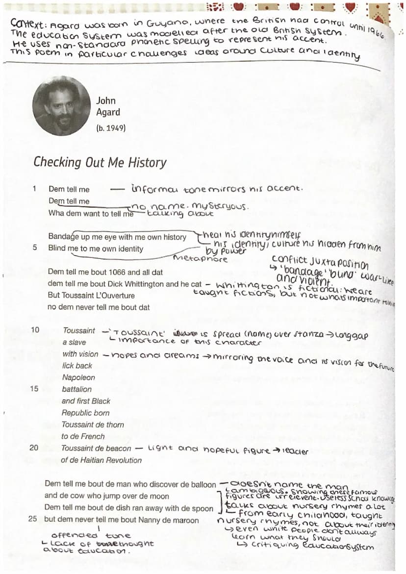 the British had control until 1966.
Context: Agard was born in Guyana, where
The education System was modelled after the old British system.