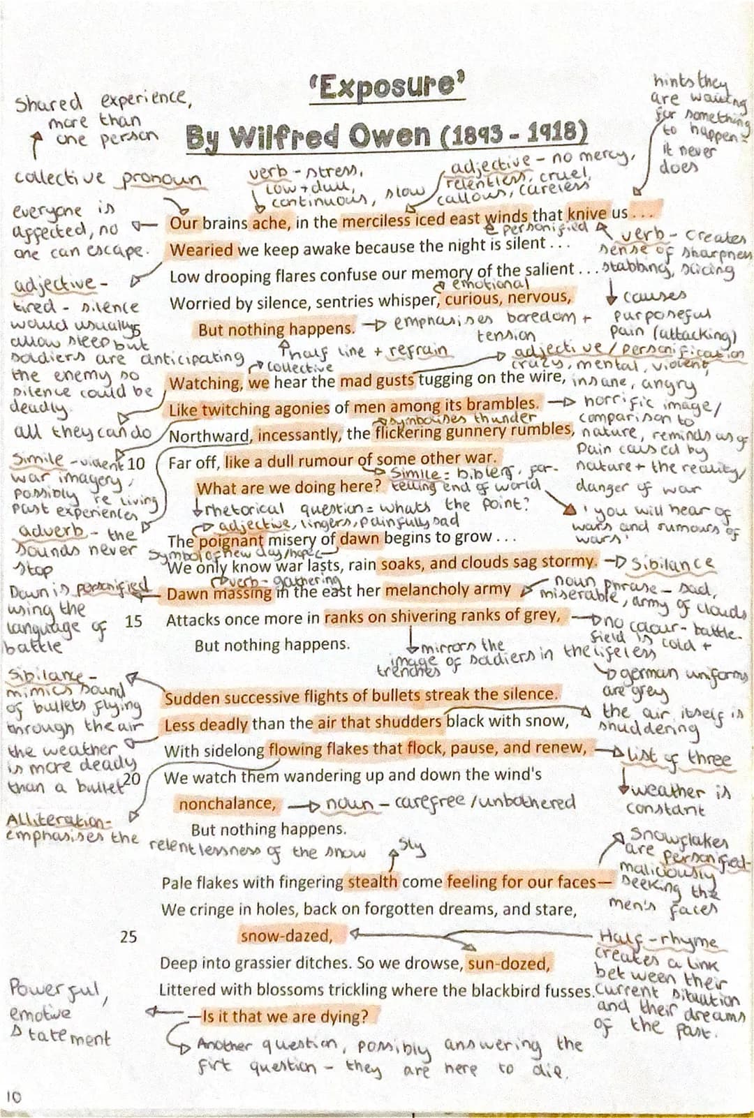 'Exposure
Shared experience,
more than
↑
one person By Wilfred Owen (1893-1918)
collective pronoun
verb-stress.
Low + dull,
continuous,
slow