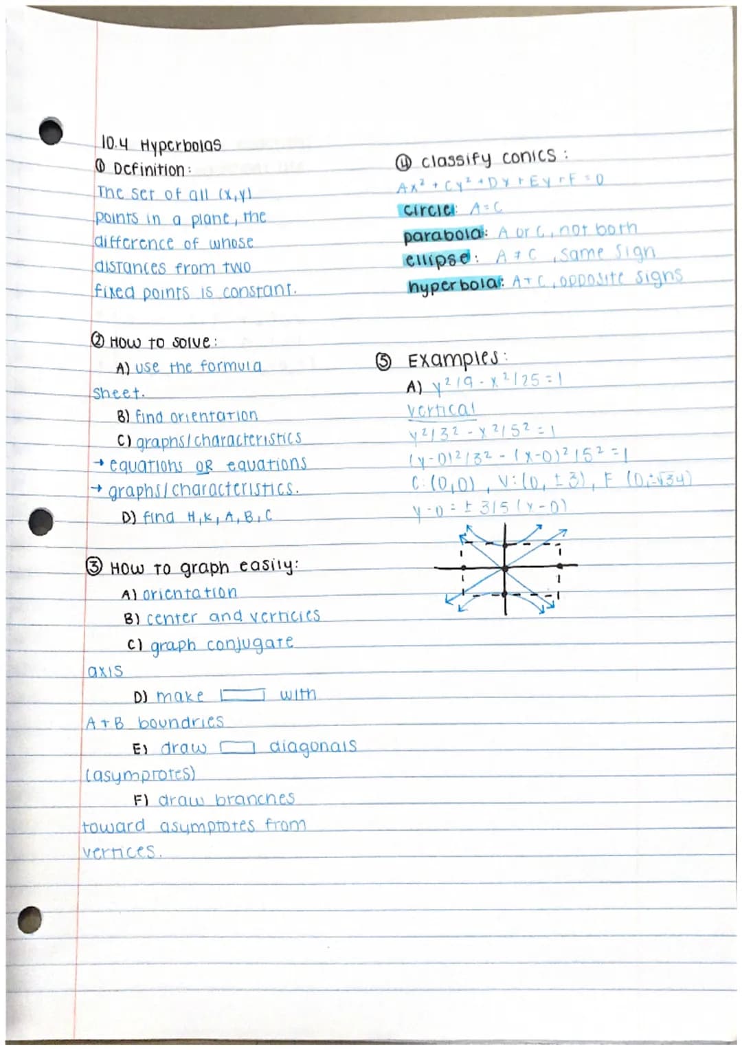 10.4 Hyperbolas
Definition:
The set of all (x, y)
-points in a plane, the
difference of whose
distances from two
fixed points is constant.
H