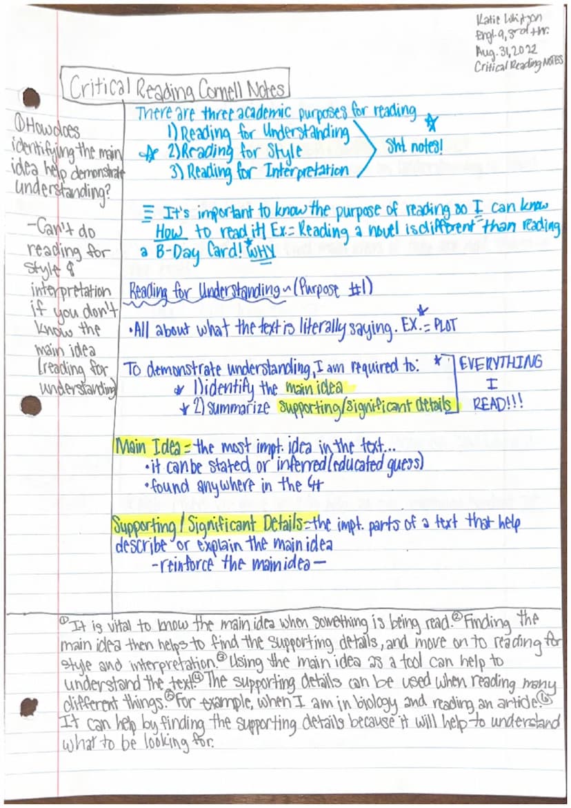Critical Reading Cornell Notes
*
There are three academic purposes for reading.
How does
1) Reading for Understanding.
identifying the main 