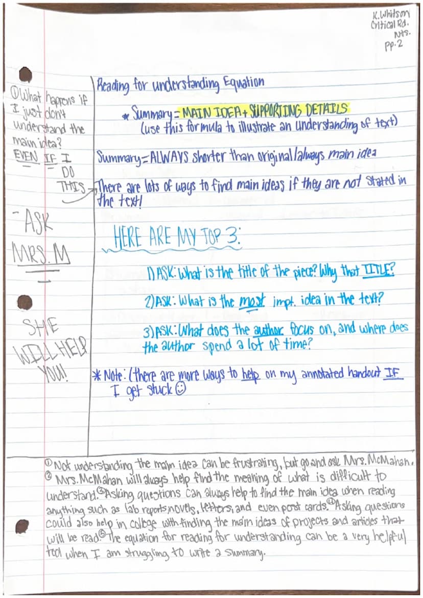 Critical Reading Cornell Notes
*
There are three academic purposes for reading.
How does
1) Reading for Understanding.
identifying the main 
