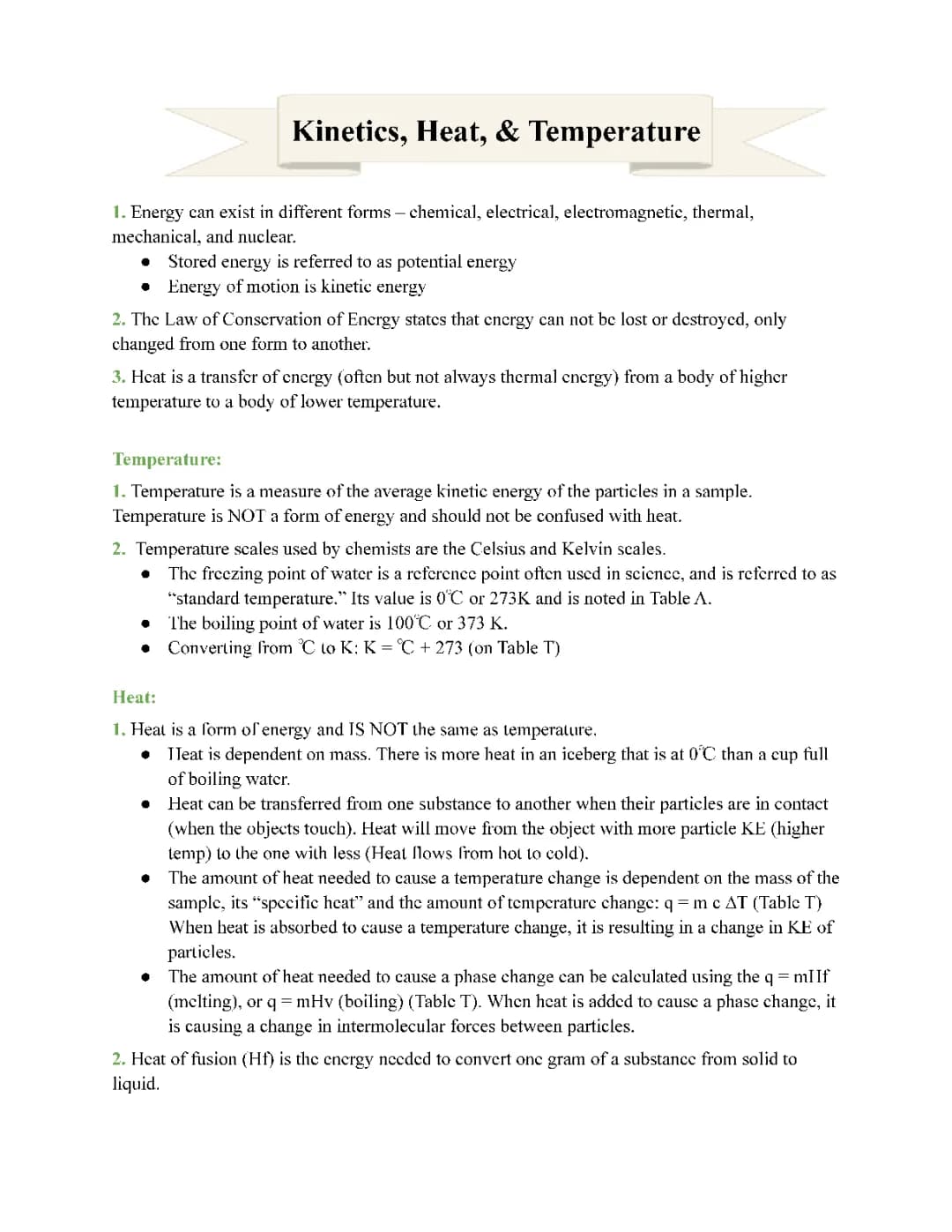 Chemistry Unit 6 - Kinetics, Heat, & Temperature