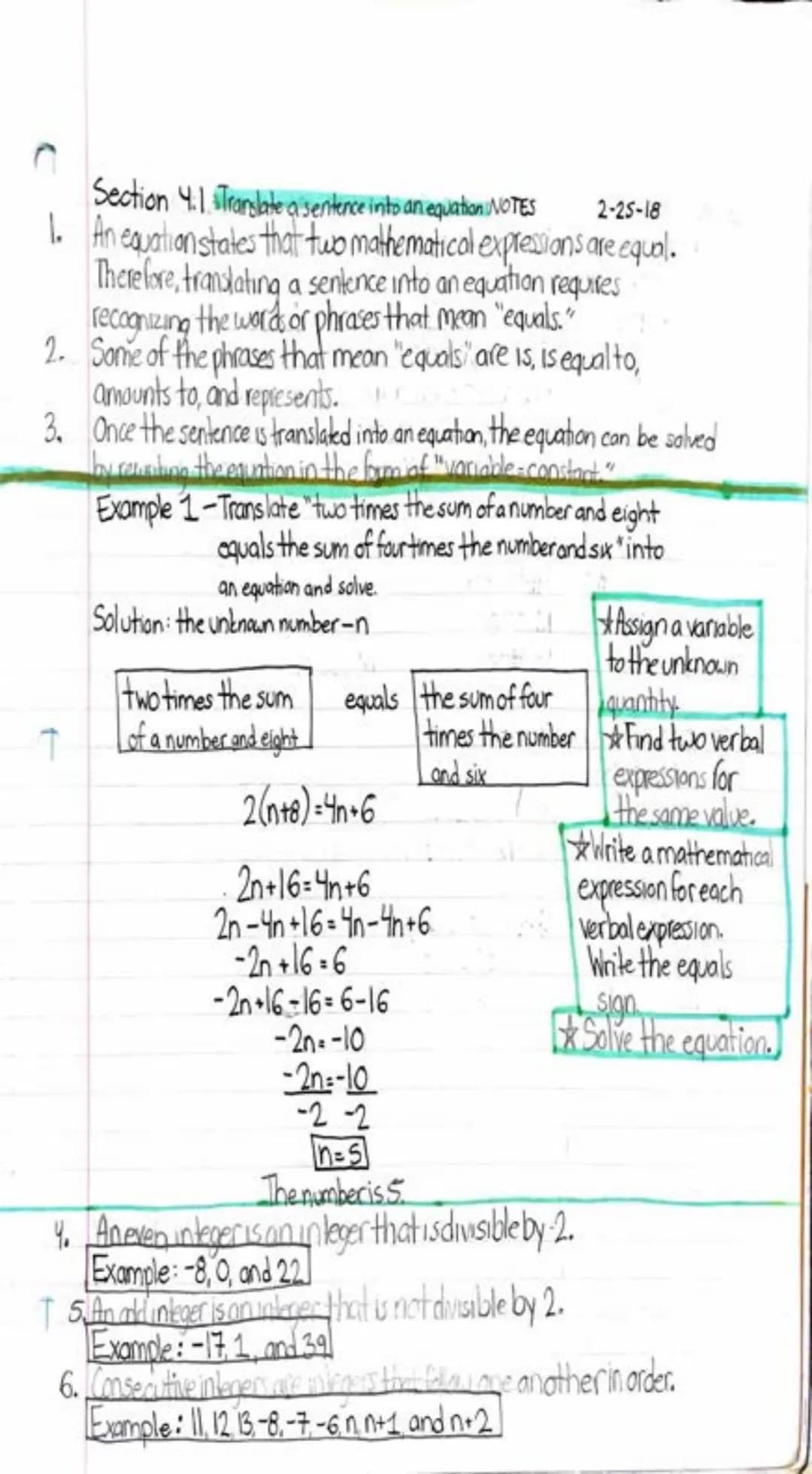 Section 4.1 Translate a sentence into an equation NOTES
2-25-18
1. An equation states that two mathematical expressions are equal.
Therefore