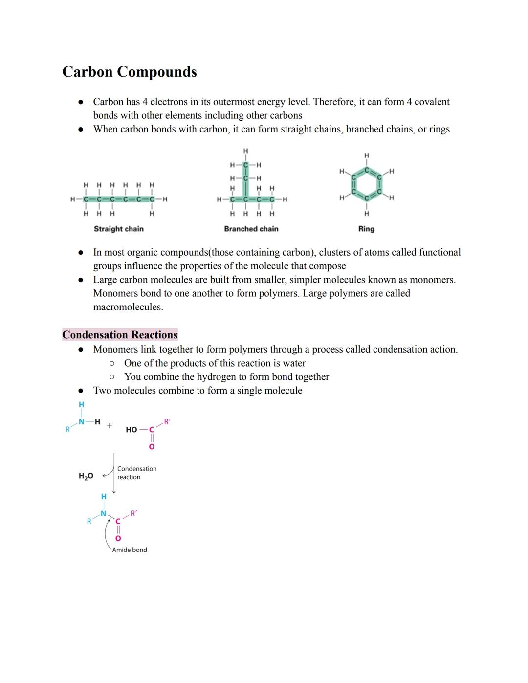 # Carbon Compounds

• Carbon has 4 electrons in its outermost energy level. Therefore, it can form 4 covalent
bonds with other elements incl