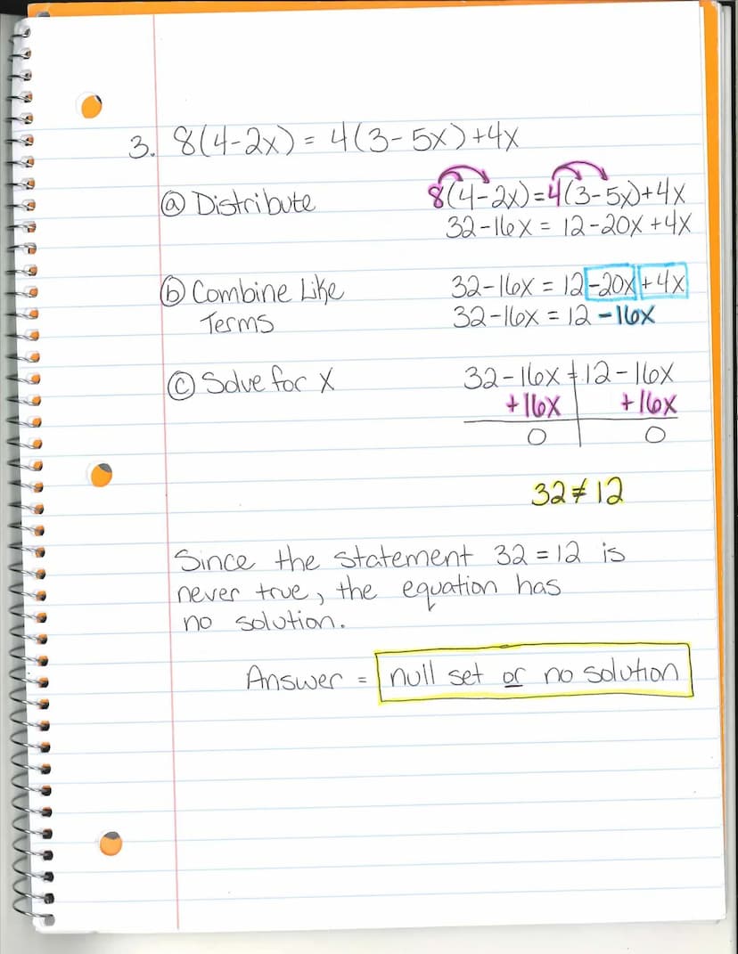 S
Multi-Step Equations (Part 2)
Number of Solutions:
when the equation
has exactly one solution.
Ex:
One Solution
Null Set
when there is no 