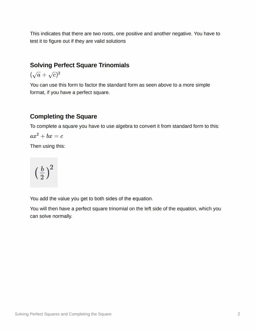 Solving Perfect Squares and
Completing the Square
Summary:
This is about finding and easily solving perfect squares.
Notes and Definitions:
