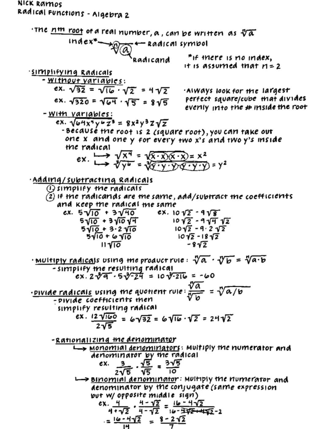 NICK Ramos
Radical Functions - Algebra 2
The nth root of a real number, a, can be written as Va
index*.
-←Radical symbol
Radicand
·simplifyi