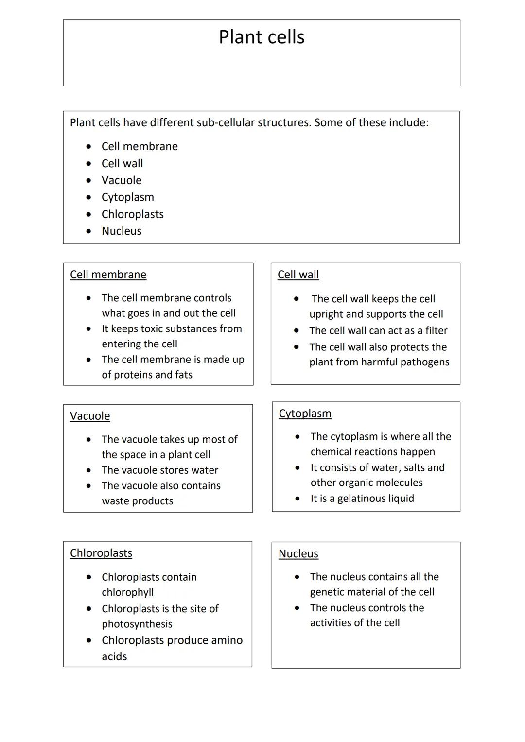 # Plant cells

Plant cells have different sub-cellular structures. Some of these include:

- Cell membrane
- Cell wall
- Vacuole
- Cytoplasm