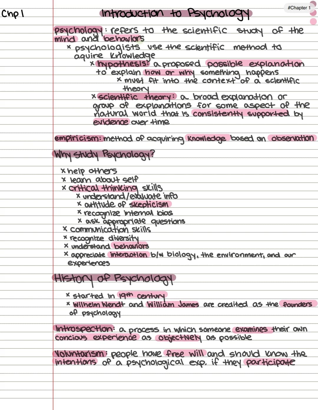 Chp 1
Introduction to Psychology
psychology: refers to the scientific study of the
mind and behaviors
* psychologists use the scientific met