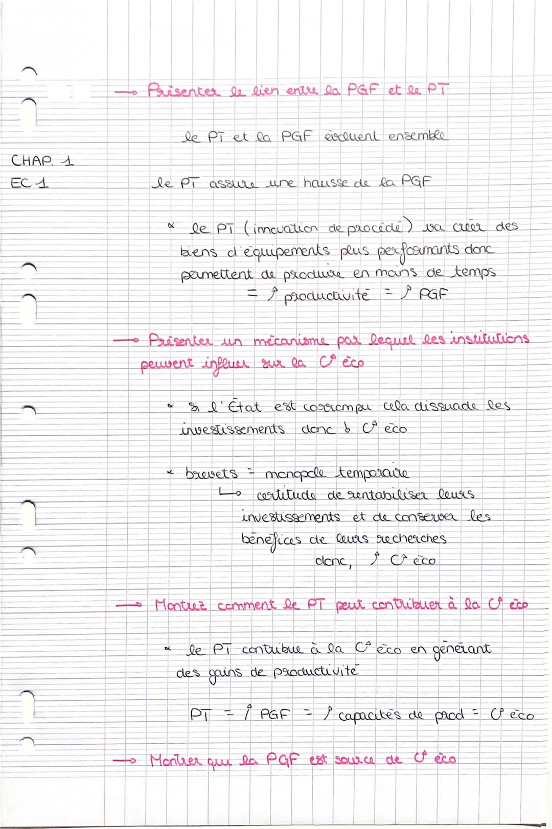 CHAP 1
EC 1

- Prisenter le lien entre la PGF et le PT

le Pi et la PGF evduent ensemble

le PT assure une hausse de la PGF

α
le PT (innova